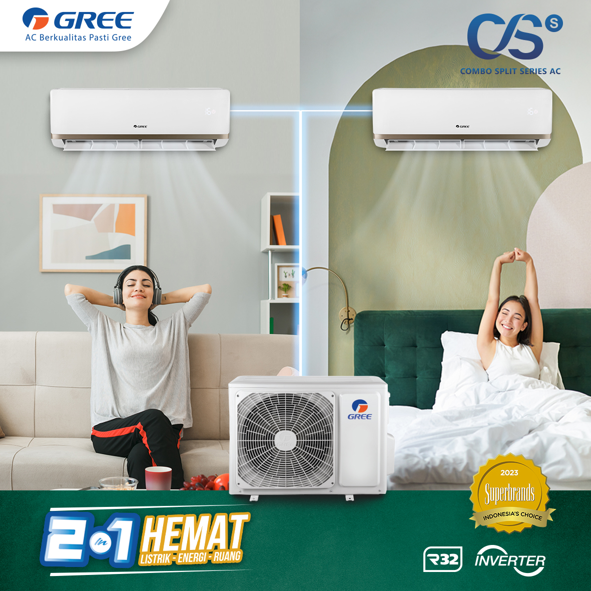 GREE AC Combo Split GWC-0507CSS (1/2 PK + 3/4 PK) Inverter